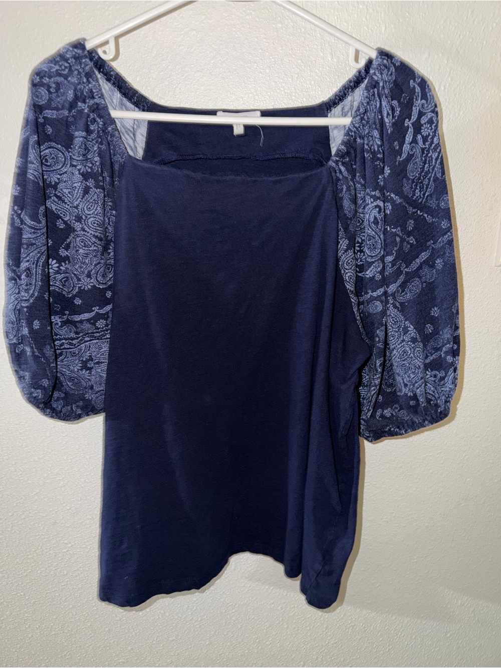 Maurices Navy Top with Paisley Puff Sleeves